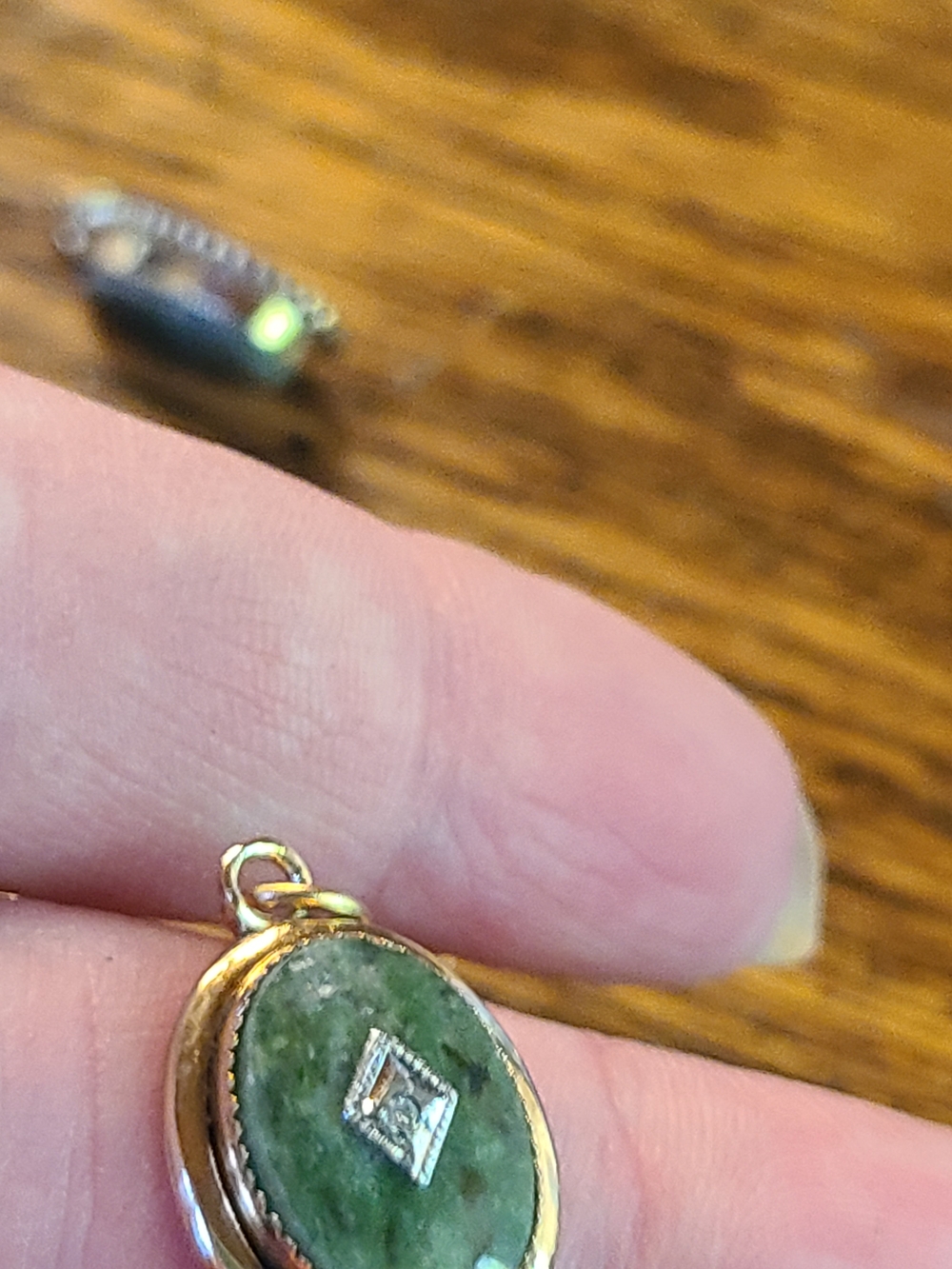 Antique Gold Green Stone Oval Pendant with Silver Accent - Picture 4 of 13